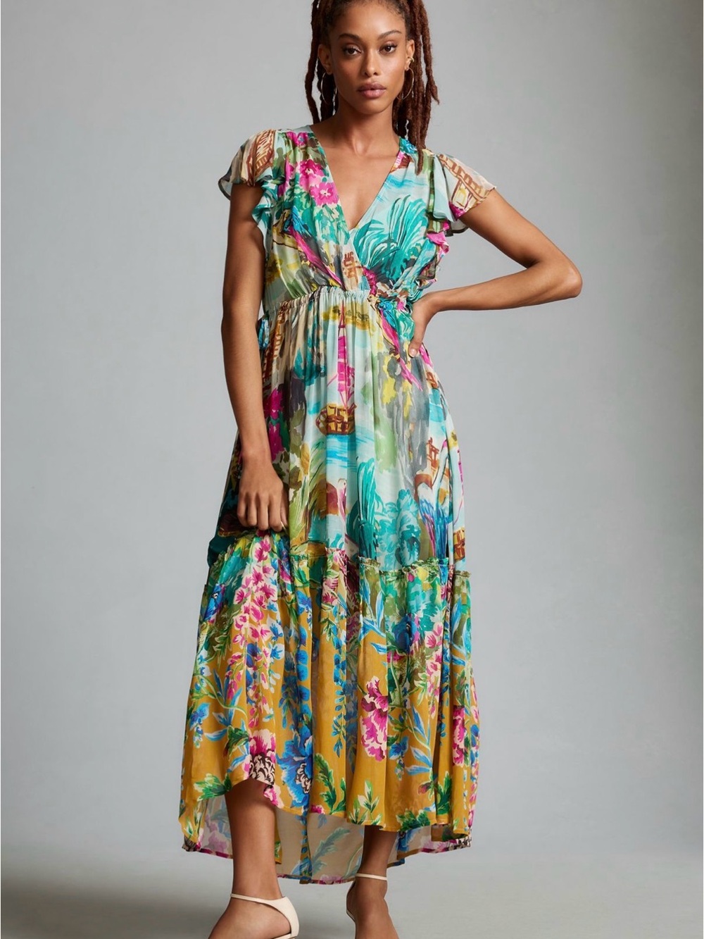 Anthropologie Floral Flutter Sleeve Maxi Dress Colorful Tropical Bird 2X Plus - Picture 5 of 7